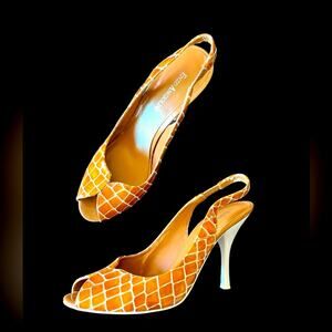 ENZO ANGIOLINI EUC 1990's Orange White Giraffe Style Open Toe Heels Size 7 1/2